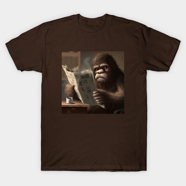 Bigfoot Enjoys Espresso and the News at Cafe T-Shirt by Star Scrunch